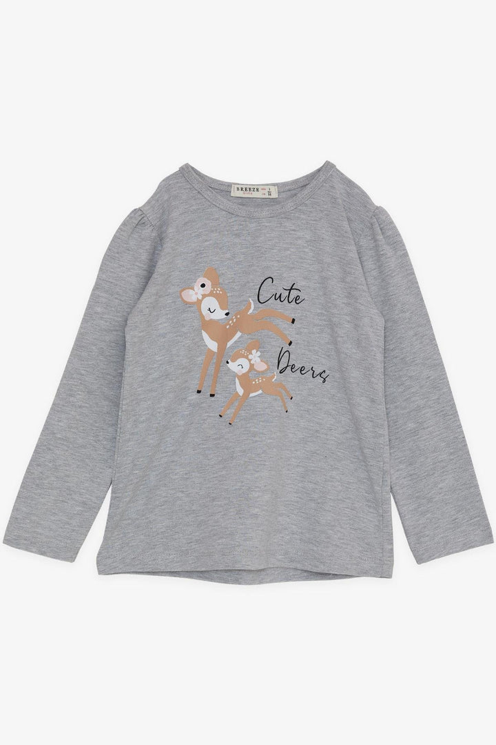 BRE Breeze Girl Child Long Sleeve T-Shirt Cute Deer Printed 2-6 Years, Grey Melange - Dakota Ridge