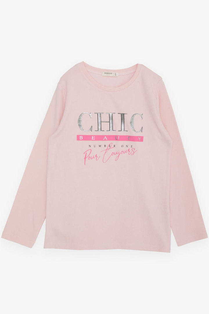 BRE Breeze Girl Child Long Sleeve T-Shirt with Glittery Printed Text, 94 Years, Powder - Katwijk
