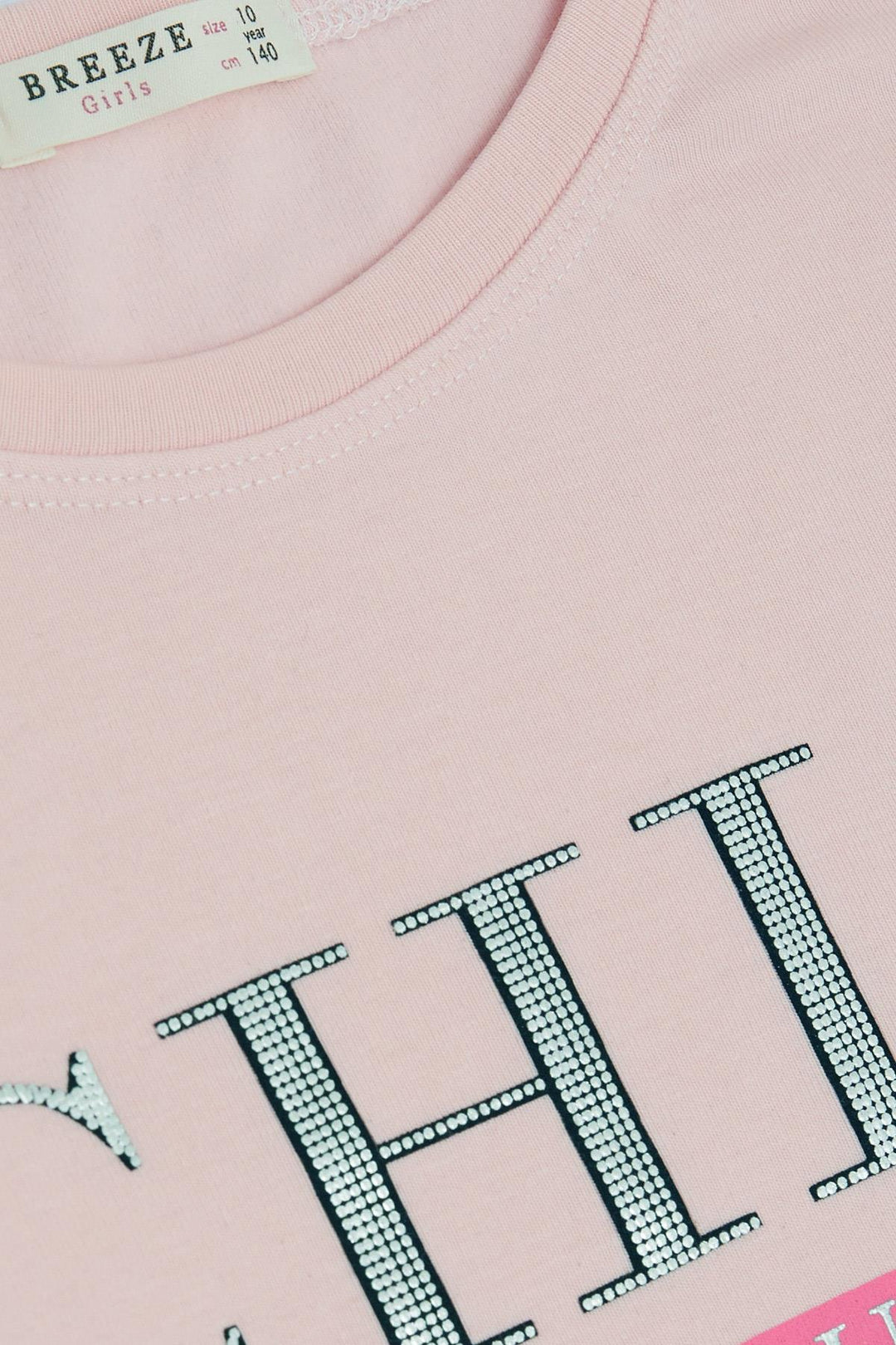 BRE Breeze Girl Child Long Sleeve T-Shirt with Glittery Printed Text, 94 Years, Powder - Katwijk