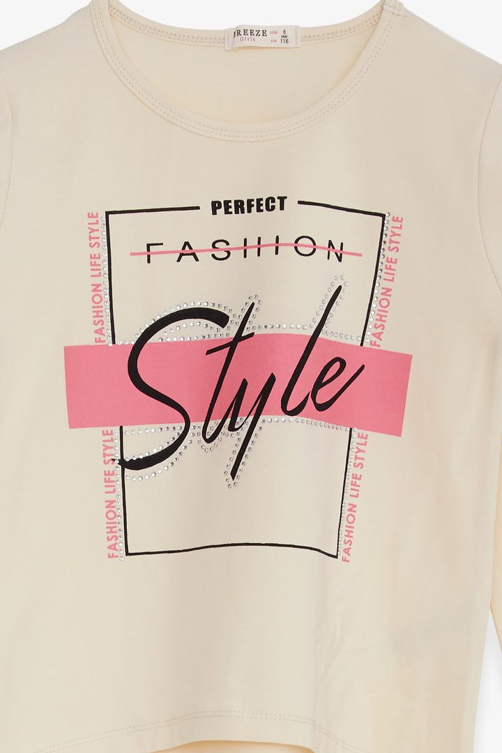 BRE Breeze Girl Child Long Sleeve T-Shirt with Stone Printed Writing, 62 Years, Cream - Pryluky