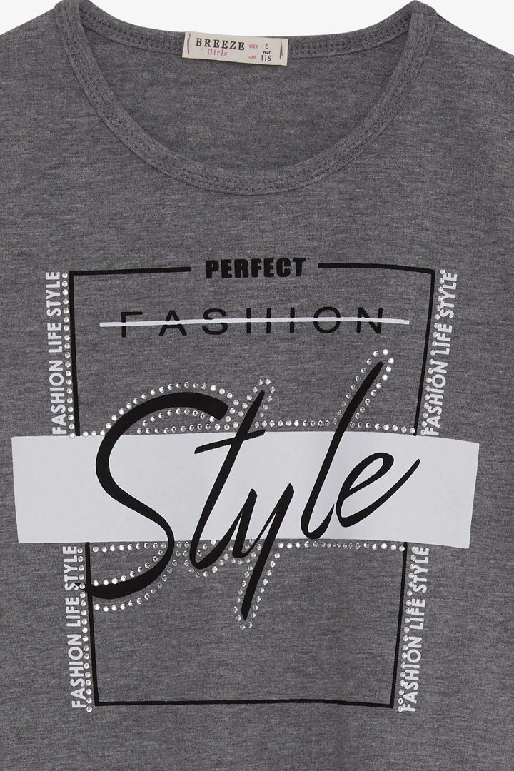 BRE Breeze Girl Child Long Sleeve T-Shirt with Stone Printed Writing 62 Years, Dark Grey Melange - Roswell