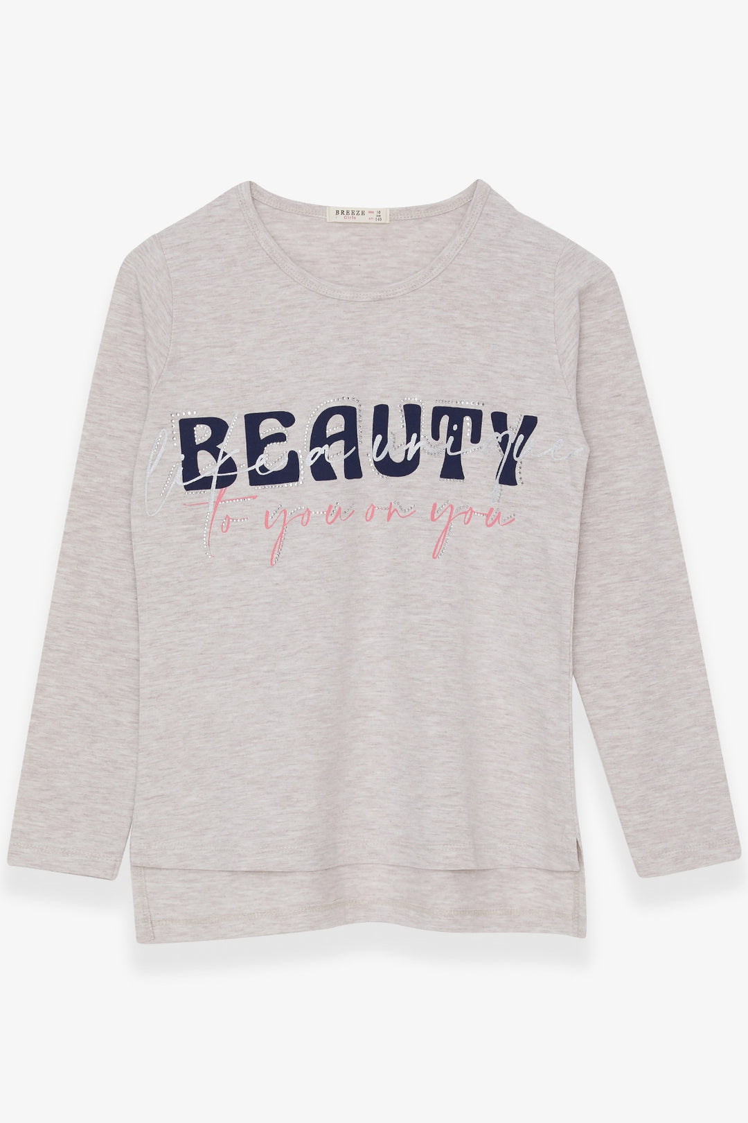 BRE Breeze Girl Child Long Sleeve T-Shirt with Stone Printed Text, 106 Years, Beige Melange - Veracruz