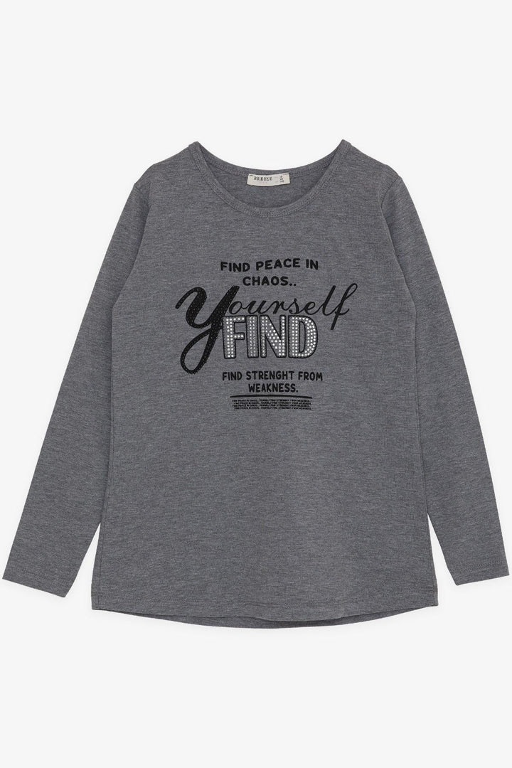 BRE Breeze Girl's Long Sleeve T-Shirt with Stone Printed Writing 106 Years, Dark Grey Melange - Caltanissetta