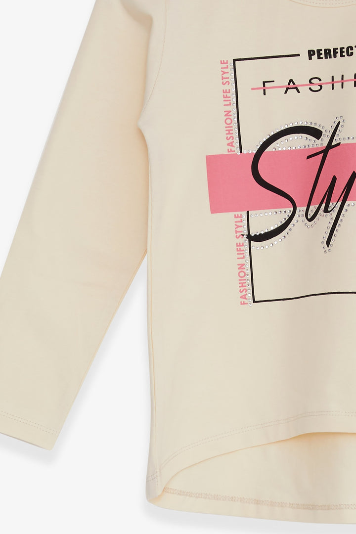 BRE Breeze Girl Child Long Sleeve T-Shirt with Stone Printed Writing, 62 Years, Cream - Pryluky