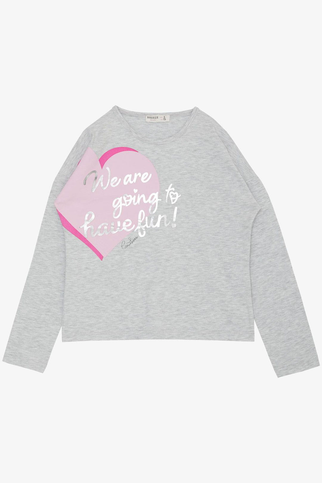 BRE Breeze Girl Child Long Sleeve T-Shirt with Gold Printed Text Hearts 62 Years, Light Grey Melange - Evergem