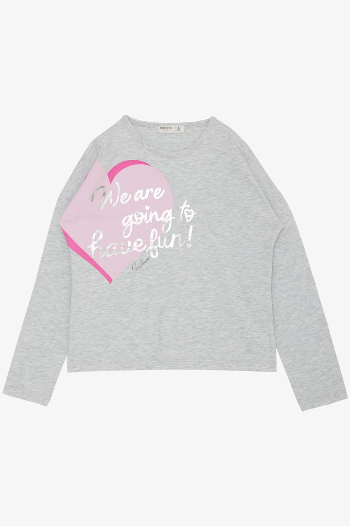 BRE Breeze Girl Child Long Sleeve T-Shirt with Gold Printed Text Hearts 62 Years, Light Grey Melange - Evergem