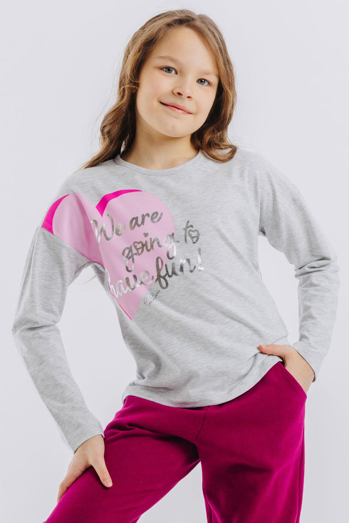 BRE Breeze Girl Child Long Sleeve T-Shirt with Gold Printed Text Hearts 62 Years, Light Grey Melange - Evergem
