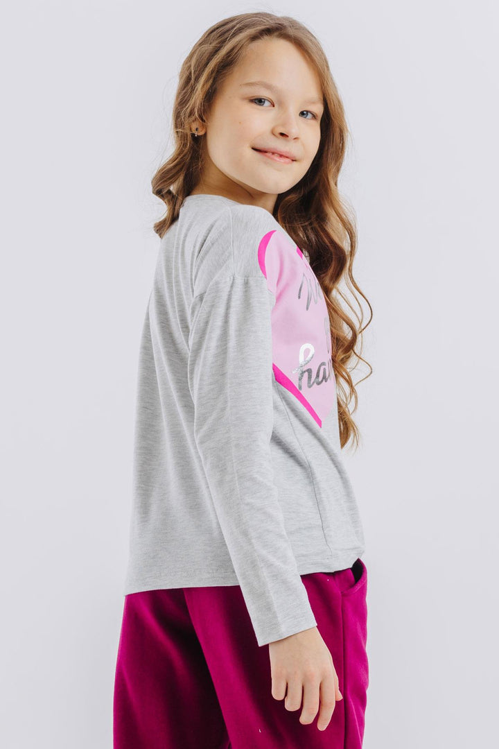 BRE Breeze Girl Child Long Sleeve T-Shirt with Gold Printed Text Hearts 62 Years, Light Grey Melange - Evergem