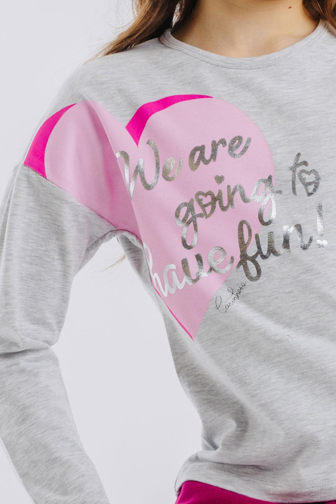 BRE Breeze Girl Child Long Sleeve T-Shirt with Gold Printed Text Hearts 62 Years, Light Grey Melange - Evergem