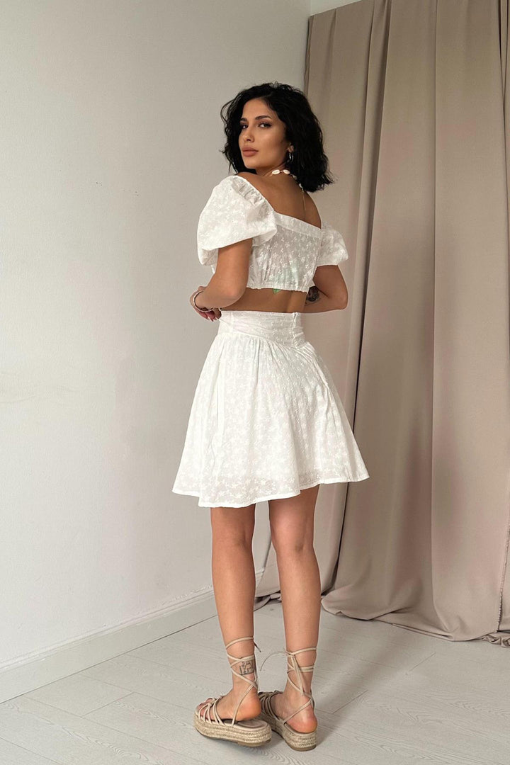 ELS Embroidered Crop Top and Mini Skirt Set - White - Kirkby