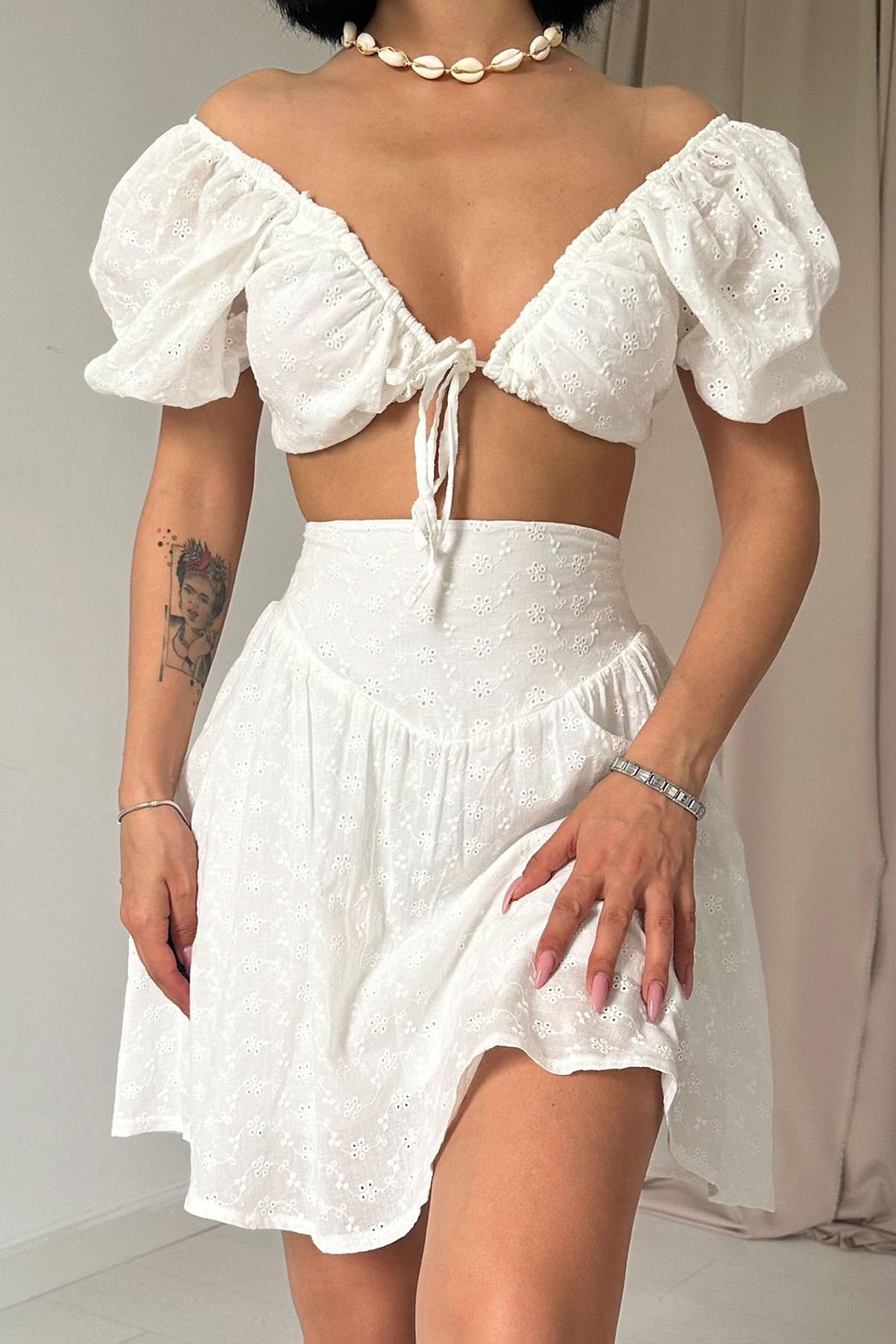 ELS Embroidered Crop Top and Mini Skirt Set - White - Kirkby