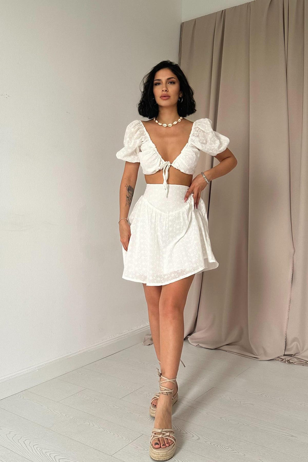 ELS Embroidered Crop Top and Mini Skirt Set - White - Kirkby