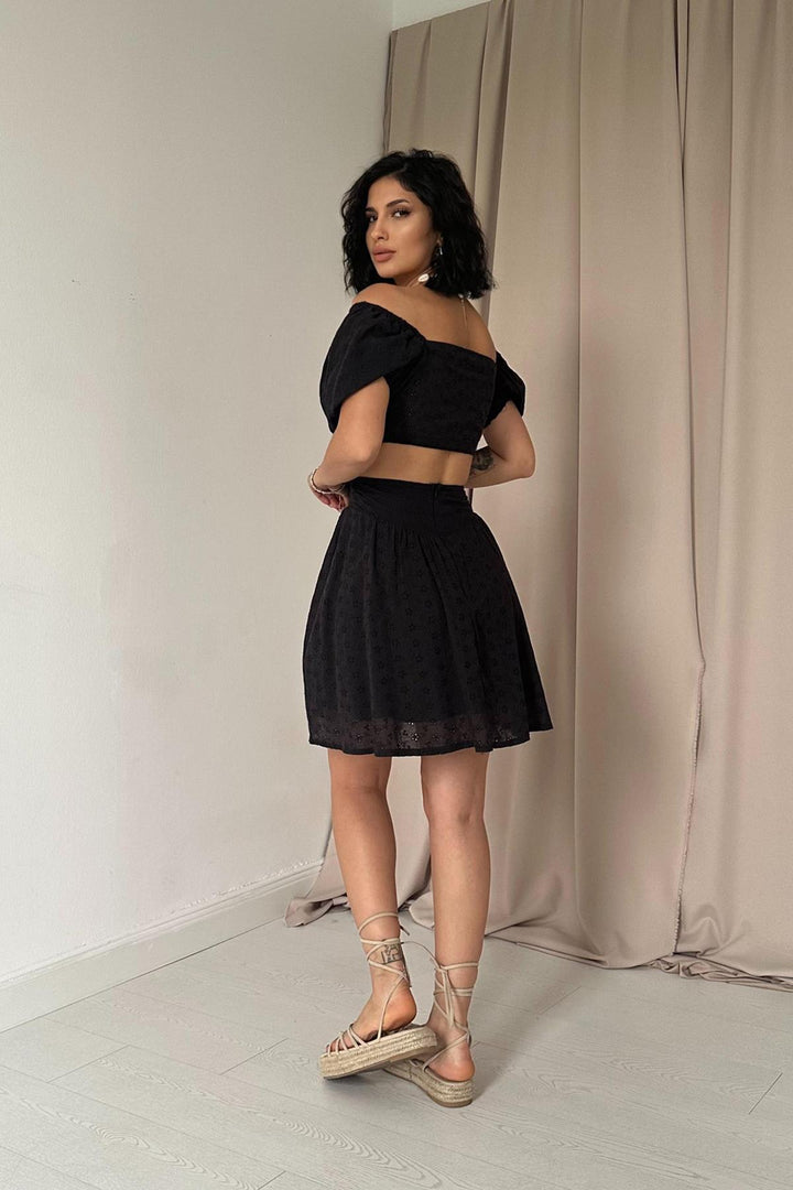 ELS Embroidered Crop Top and Mini Skirt Set - Black - Newark