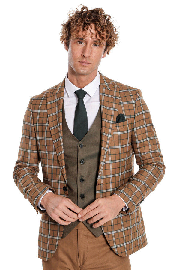 WSS Brown Vested Slim Fit Checked Tan Men Suit  - Tepalcatepec