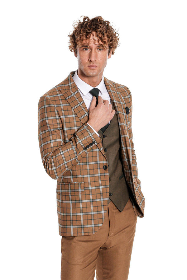WSS Brown Vested Slim Fit Checked Tan Men Suit  - Tepalcatepec