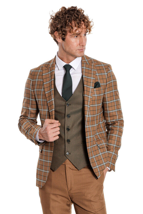WSS Brown Vested Slim Fit Checked Tan Men Suit  - Tepalcatepec