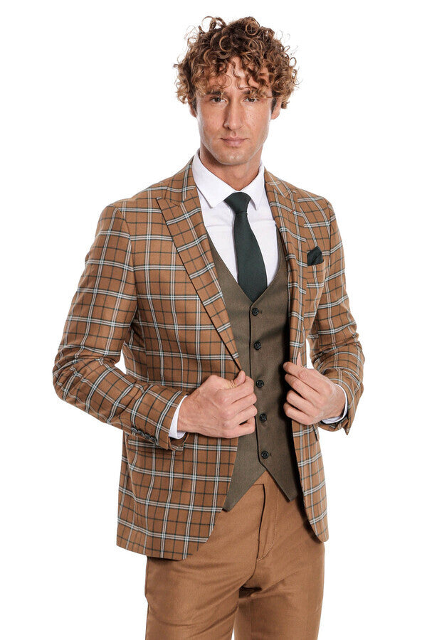 WSS Brown Vested Slim Fit Checked Tan Men Suit  - Tepalcatepec