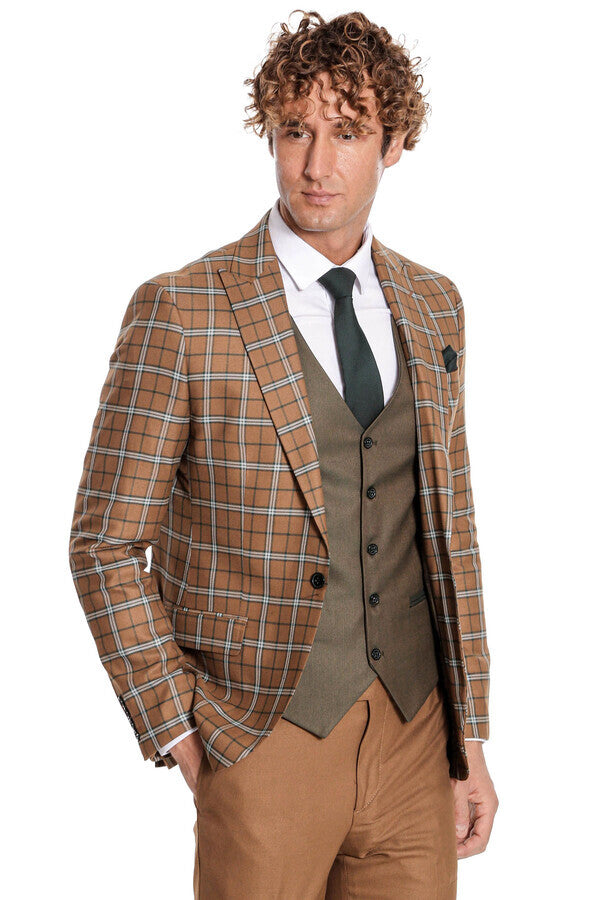 WSS Brown Vested Slim Fit Checked Tan Men Suit  - Tepalcatepec