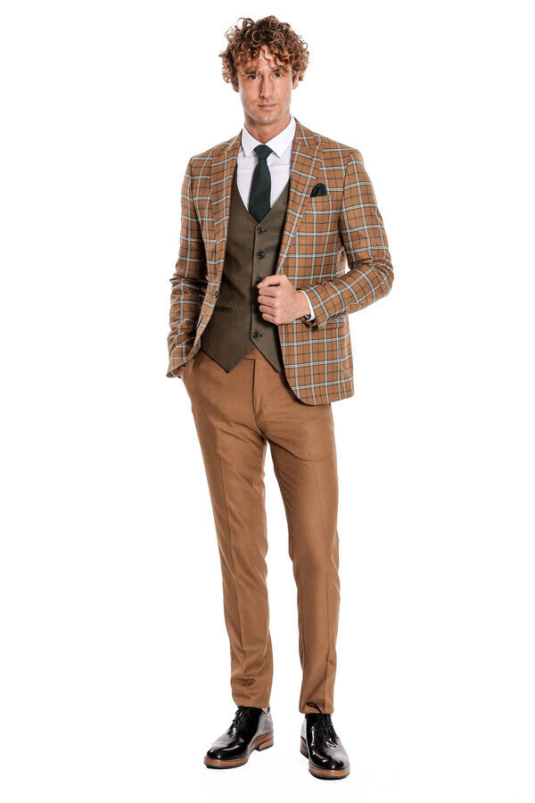 WSS Brown Vested Slim Fit Checked Tan Men Suit  - Tepalcatepec
