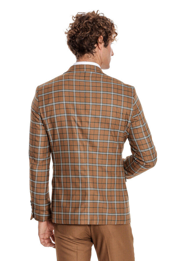 WSS Brown Vested Slim Fit Checked Tan Men Suit  - Tepalcatepec