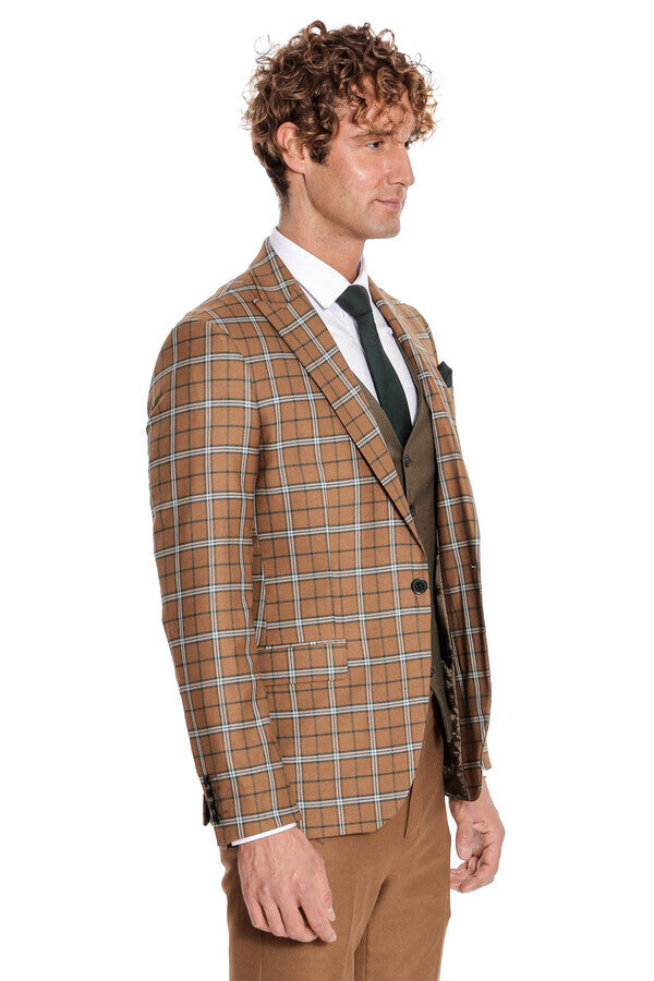 WSS Brown Vested Slim Fit Checked Tan Men Suit  - Tepalcatepec