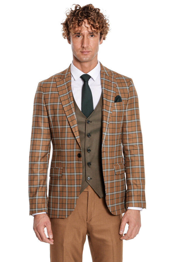 WSS Brown Vested Slim Fit Checked Tan Men Suit  - Tepalcatepec