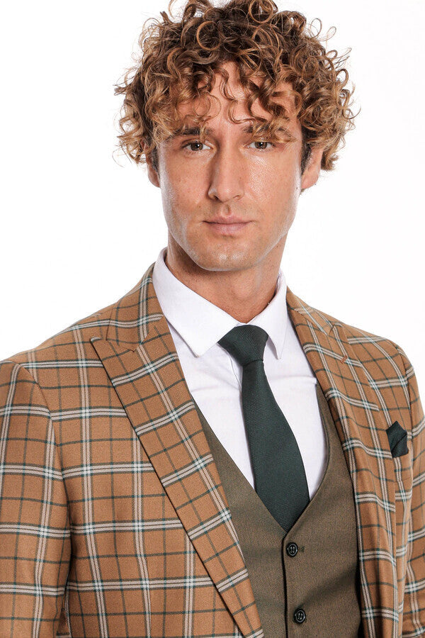 WSS Brown Vested Slim Fit Checked Tan Men Suit  - Tepalcatepec