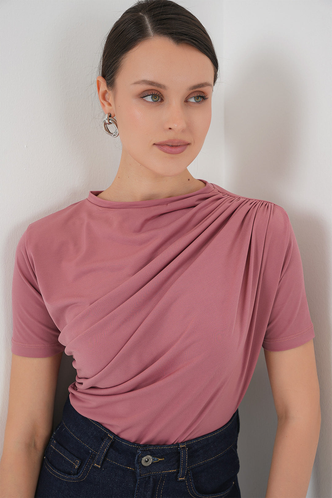 BGD Women Ruffle Detailed Short Sleeve Sandy Blouse 945 - Rose Pink - Ovar