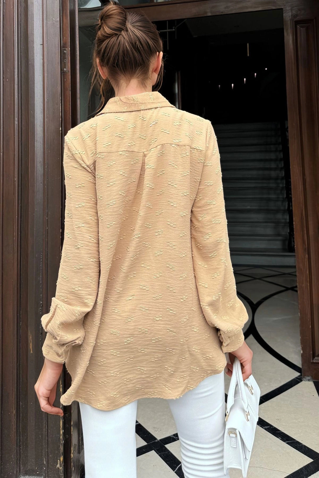 Camel Oversized Long Sleeve Shirt with Self Pattern BCBSK-25700-3554 - Temple City