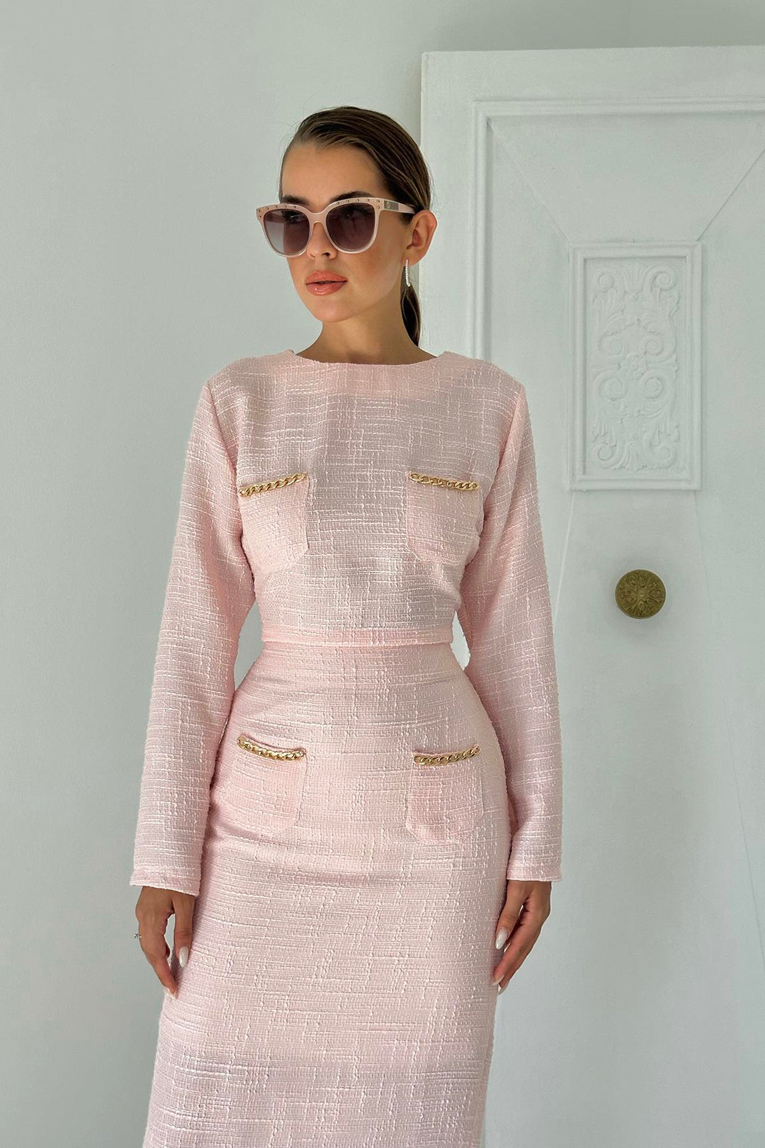 ELS Pocket Chain Blouse and Skirt Set - Powder - Montclair
