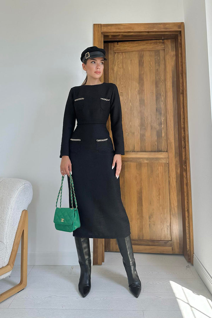 ELS Pocket Chain Blouse and Skirt Set - Black - Inverness