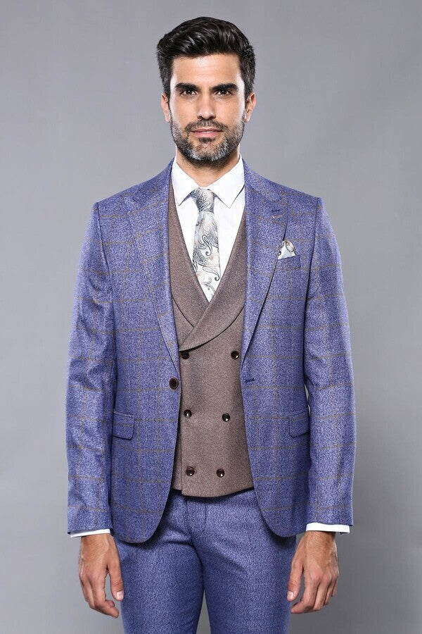 WSS Checked Blue Men's Suit  - Linares