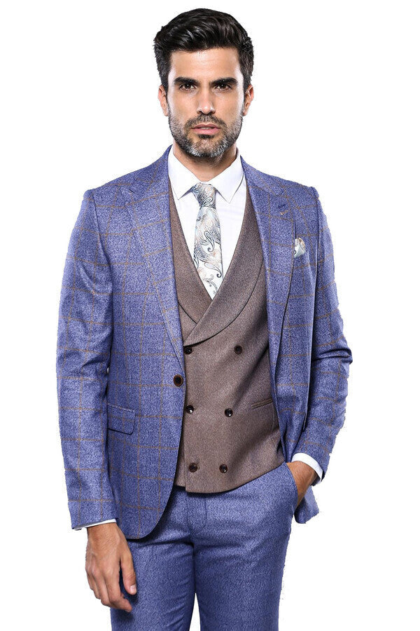 WSS Checked Blue Men's Suit  - Linares