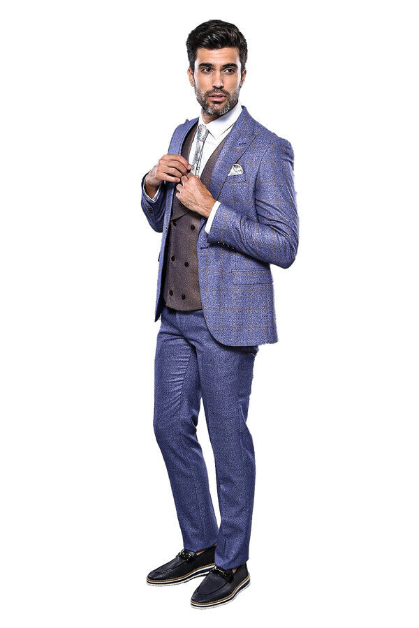 WSS Checked Blue Men's Suit  - Linares