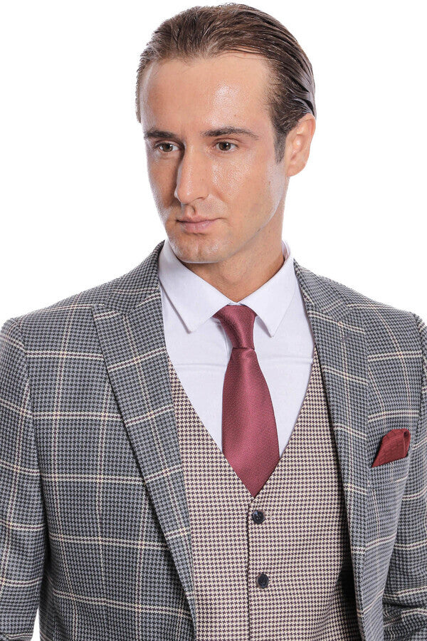 WSS Checked Patterned Beige Vested Slim Fit Grey Men Suit  - Novohrad-Volynskyi