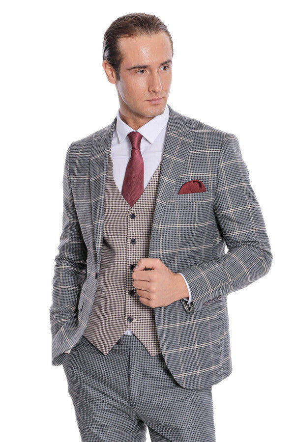 WSS Checked Patterned Beige Vested Slim Fit Grey Men Suit  - Novohrad-Volynskyi