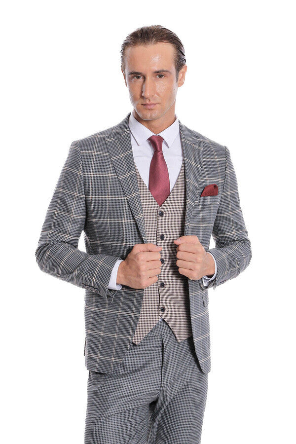 WSS Checked Patterned Beige Vested Slim Fit Grey Men Suit  - Novohrad-Volynskyi