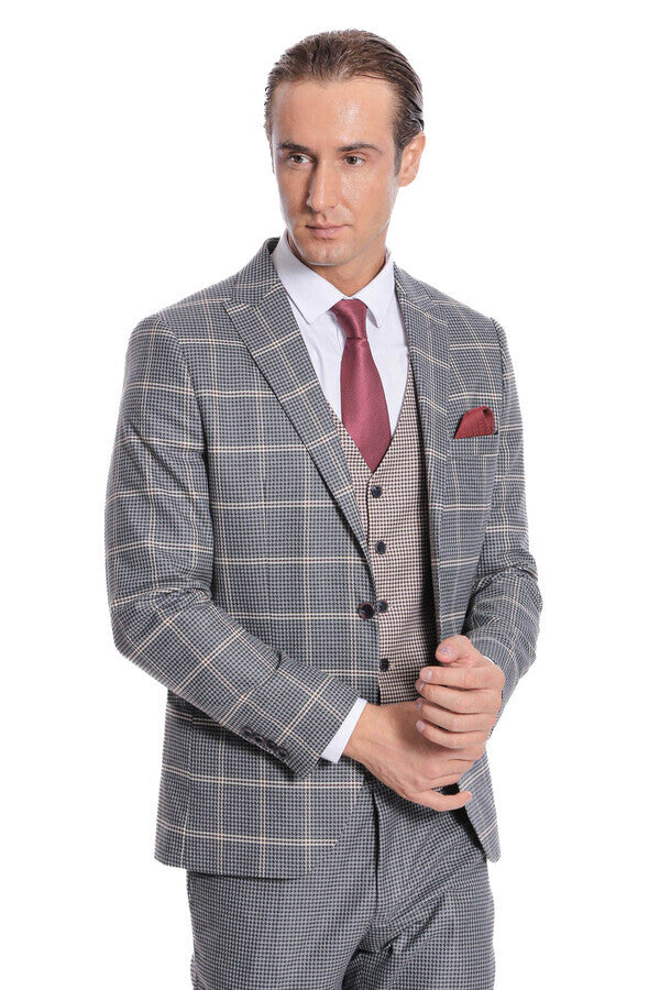 WSS Checked Patterned Beige Vested Slim Fit Grey Men Suit  - Novohrad-Volynskyi