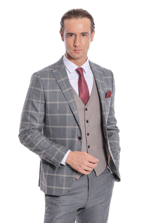 WSS Checked Patterned Beige Vested Slim Fit Grey Men Suit  - Novohrad-Volynskyi