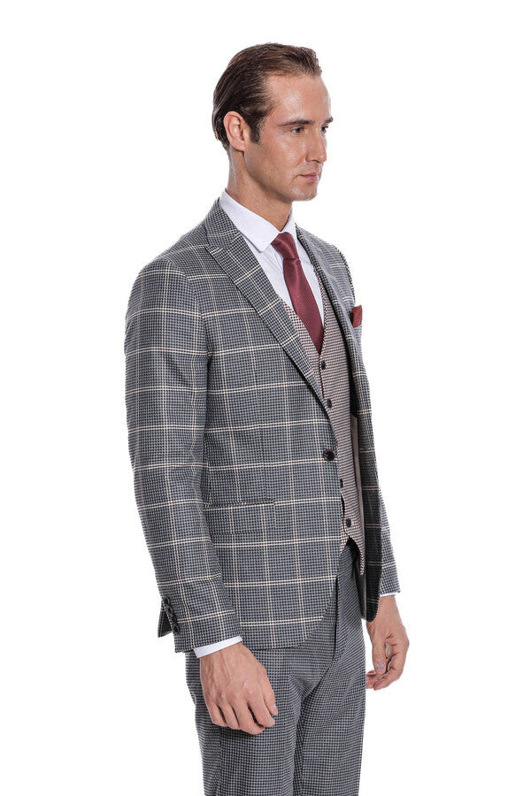 WSS Checked Patterned Beige Vested Slim Fit Grey Men Suit  - Novohrad-Volynskyi
