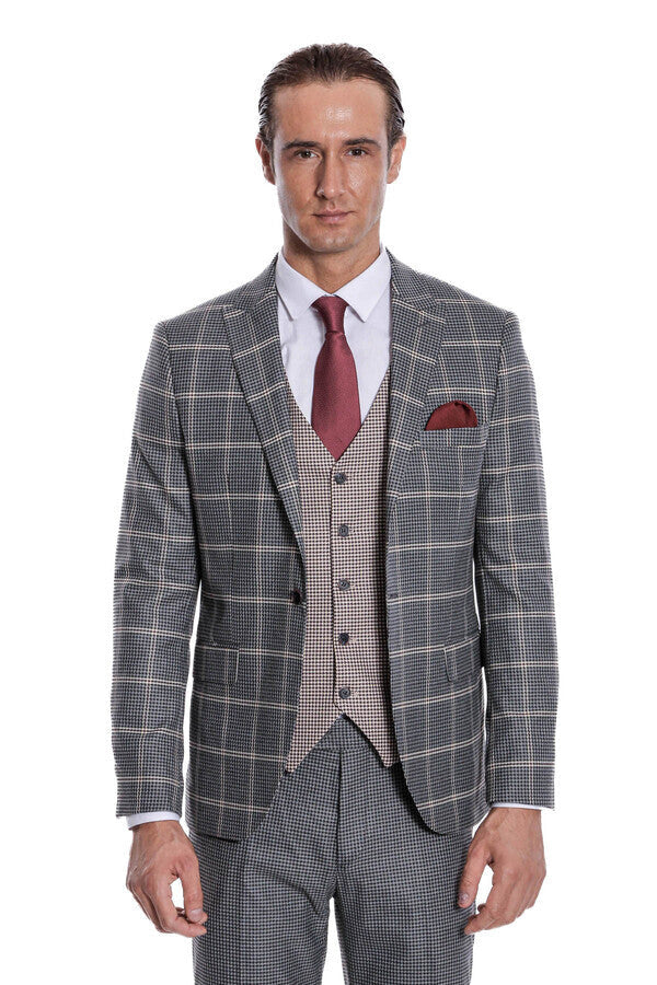 WSS Checked Patterned Beige Vested Slim Fit Grey Men Suit  - Novohrad-Volynskyi