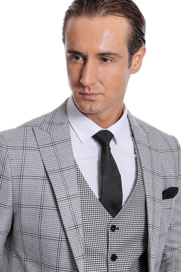 WSS Checked Patterned Slim Fit Grey Men Suit  - Gardena