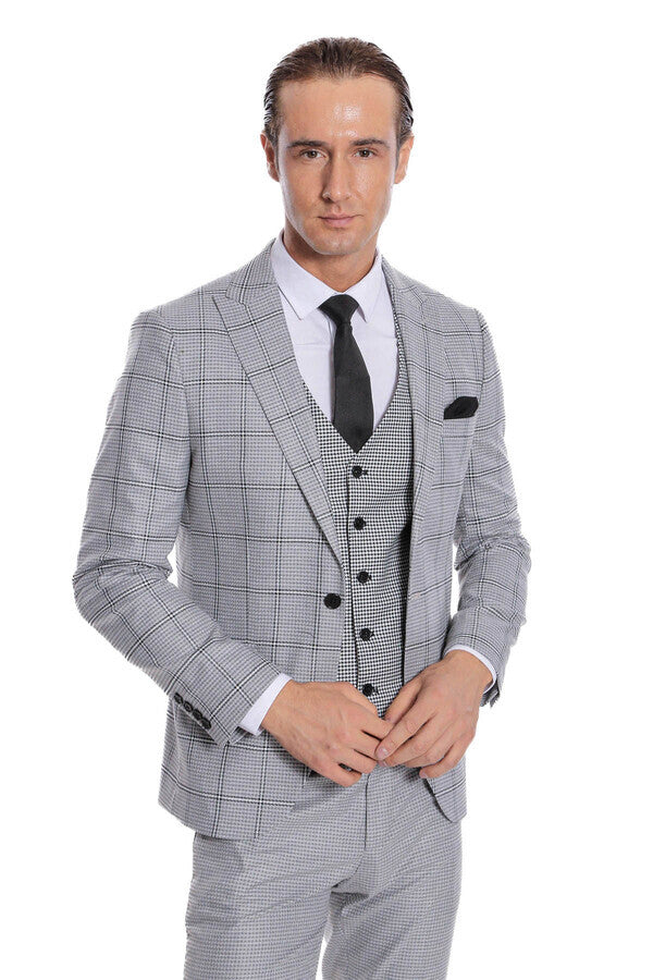 WSS Checked Patterned Slim Fit Grey Men Suit  - Gardena