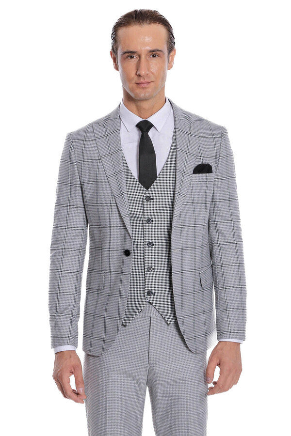 WSS Checked Patterned Slim Fit Grey Men Suit  - Gardena