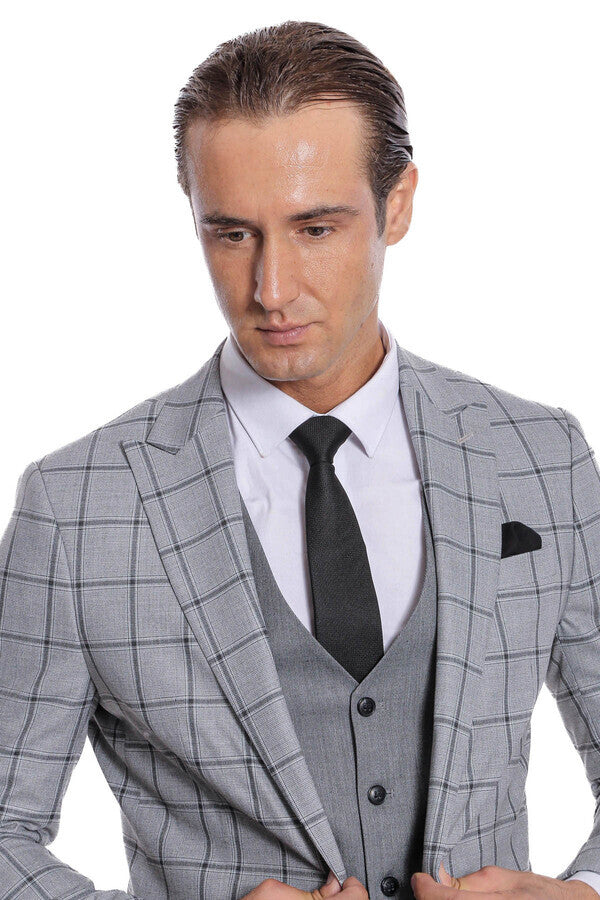 WSS Checked Patterned Slim Fit Grey Men Suit  - Agía Paraskeví