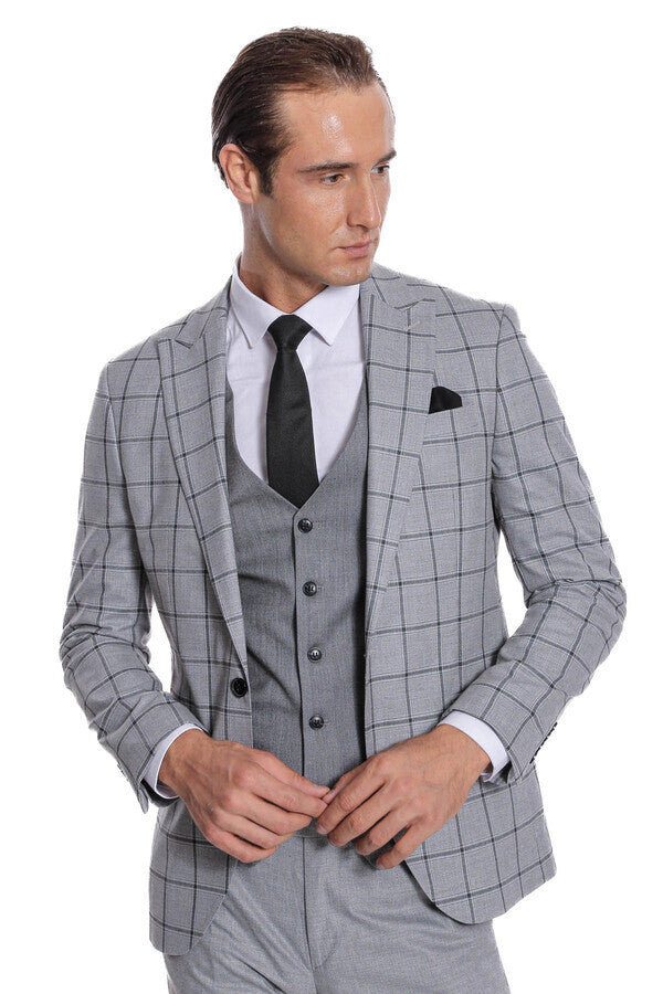 WSS Checked Patterned Slim Fit Grey Men Suit  - Agía Paraskeví