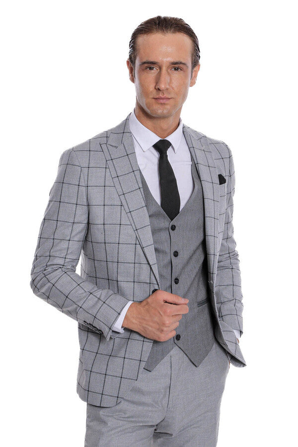 WSS Checked Patterned Slim Fit Grey Men Suit  - Agía Paraskeví