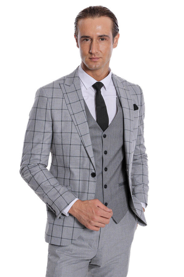 WSS Checked Patterned Slim Fit Grey Men Suit  - Agía Paraskeví