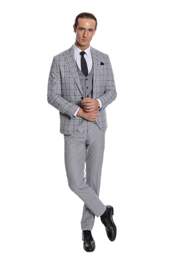 WSS Checked Patterned Slim Fit Grey Men Suit  - Agía Paraskeví
