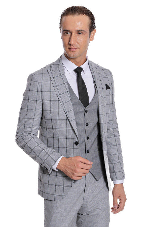WSS Checked Patterned Slim Fit Grey Men Suit  - Agía Paraskeví